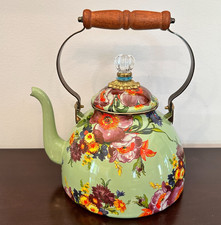 MacKenzie-Childs Green Flower Market Tea Kettle 3 qt. Enamel Retired (Read) picture