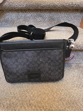 Coach Men’s Black/Gray Signature Logo Crossbody Bag, Zip, Inner Pockets picture