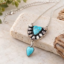 Kingman & Wild Horse Turquoise Sterling Silver Double Heart Lariat Necklace NWT picture