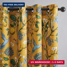 Mustard Yellow Blackout Curtains 84 Inch Grommet Floral Hummingbird Drapes Pair picture
