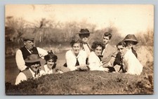 RPPC Real Photo Group Men Women Laughing Smiling Posing Outside  on Lawn People picture