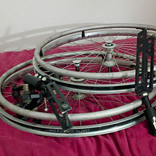 Pair Silver Wheelchair Rear Wheels w/ Hand Rims (Push Rims) & Hardware picture