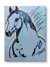 Original Acrylic 11x14 Minimalist Horse Signed Teal Blues Wall Art picture