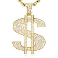 14K Gold Over Silver Ice Out CZ Pave Dollar Sign Pendant 1.6