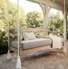 Renley 5.6 FT Mahogany Porch Swing Daybed with Oyster Cushion, Lime Wash Finish picture