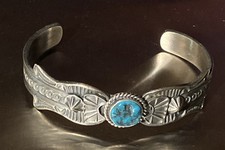 Kevin Billah Navajo Handmade Sterling Silver Stamped Kingman Turquoise Cuff sign picture