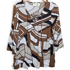 Chicos Womens Top Size 2 Large 12 Abstract Geometric Lace Up Neck Tunic Blouse picture