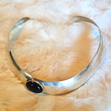 Vintage Artisan Sterling Silver Black Onyx Cabochon Collar Choker Signed AP picture