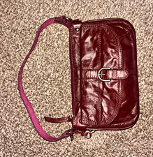 Fossil Burgundy/Purple Shoulder Bag Zip Top Buckle Accent Silver Lined Pockets picture