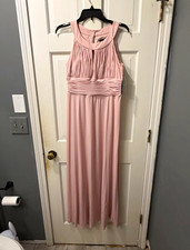 Women's Pink Chiffon Pleated Long Formal Gown Dress S Round Neck Lined Zip picture