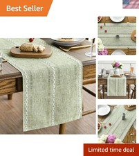 Sage Green Rustic Cotton Linen Table Runner, Seasonal Embroidered Hollow Kitc... picture