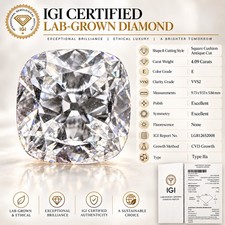 4.09 Ct E VVS2 Lab Grown Diamond IGI Square Cushion Antique Cut CVD picture