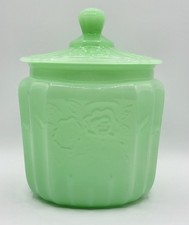 Vintage Style 2000s Opaque Jadeite Lidded Biscuit Jar Mayfair/Open Rose Pattern picture