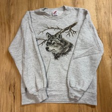 Vintage Jerzees Wolf Hand Stitched Embroidered Crewneck Sweatshirt Grey Medium picture