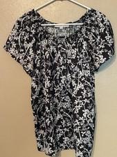 NWT Loft Black And White Gloral Smocked Neck Top Size M picture