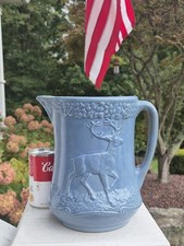 GORGEOUS Antique STRUTTING STAG Stoneware Pitcher ALL BLUE no White picture