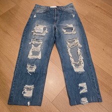 Naked Wardrobe Denim Straight Leg Jeans Blue Fits 34x29 Rhinestone Distressed picture