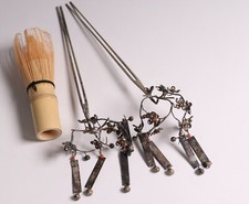 Japanese Silver&Coral Kanzashi Hairpin Set of 2 Geisha Accessory Bird Motif picture