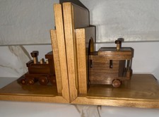 Vintage Hand Made Solid Oak Wooden Train Bookends for Kids Library 7x6x7” picture