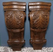 Pair Antique French Hand-Carved Oak Corbels Wall Brackets Acanthus Leaf Design picture