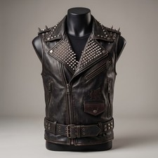Men's Black Studded Leather Vest, Spiked Punk Rock Biker Waistcoat picture