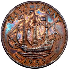 1959 GREAT BRITAIN 1/2 PENNY BRONZE CH BU PROOF  KM#896 WITH STUNNING TONING. picture