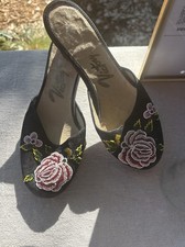 Vintage 1930’s Women’s Black Slip-On Mule Heels US 6 Beaded Embroidered Floral picture
