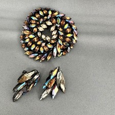 Sherman Vintage Brooch and Clip On Earrings Set Topaz Amber Aurora Borealis picture