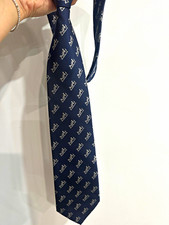 HERMÈS Paris Men's Blue & White Silk Twill Tie Horse Animal Print picture
