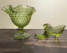 Fenton Vintage Green Hobnail Glass Pedestal Compote Bowl & Glass Shoe, 2pc picture