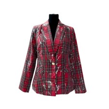 CATO Collection Limited Edition Red Plaid Sequin Statement Blazer Women's XS picture