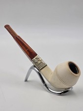 Antique Meerschaum Tobacco Pipe Sterling Silver Mount Cognac Amber Stem c.1890 picture