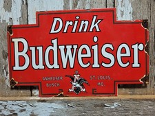 VINTAGE BUDWEISER PORCELAIN SIGN OLD BEER BOTTLE BEVERAGE ALCOHOL BAR BUD LITE picture
