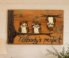 Vintage Owl Family on Tree Limb Nobody's Perfect 1960s Wood Wall Hanging MCM  picture