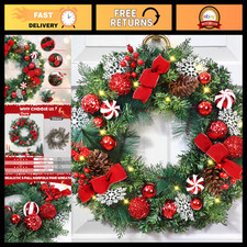18'' Christmas Wreath with Lights, Bow, Berries & Pine Cones - Holiday Door Deco picture