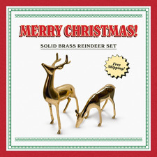 100% Large Gold Stained Solid Brass Reindeer Set of 2 12 in, 7 in picture