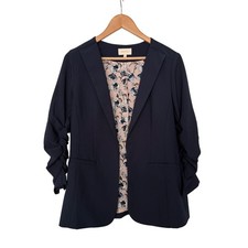 Skies Are Blue Womens Gorpcore Twee Navy Ruched 3/4 Sleeve Floral Lined Blazer picture