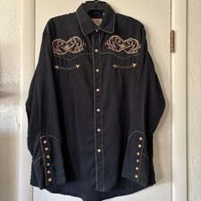 Scully Western Shirt Mens Med Black/Floral Star Embroidered Pearl Snap No Iron picture