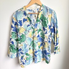 Chico's NWT Molly Brush Kurta Cotton Tunic 1 8 Boho Floral Eyelet Blue Green Top picture