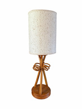 Vintage Rattan Loop Wood Table Lamp Hourglass Shape Beige Fabric Drum Corded picture