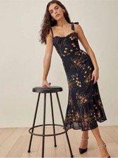 Reformation Nikita Midi Dress in Mademoiselle Navy Floral Tie Straps Size 0 picture