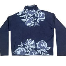 Joie Floral Rose Mock Neck Sweater Womens M Navy Blue Intarsia Knit soft girl picture