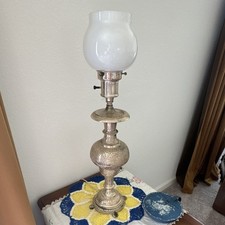 Antique Hand Metallic Floral Etched Metal & Glass Table Lamp, Corded picture