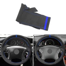 Black+Blue Steering Wheel Suede Leather Cover For Mercedes C-Class W203 2001-07 picture