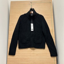 Uniqlo U Womens Lambswool Blend Zip Up Jacket Black Ribbed Knit M 251-471464 picture
