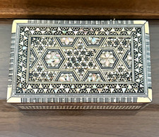 Vintage Egyptian Mother of Pearl Inlay Jewelry Box Mosaic Geometric Navy Velvet picture