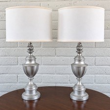 Pair Vintage Stiffel Pineapple Urn Table Lamps Silver Refinished With Shades picture