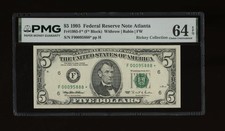 DBR 1995 $5 Atlanta STAR Fr. 1985-F* PMG 64 EPQ Serial F00095888* picture