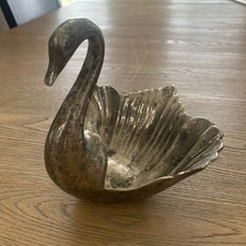 Vintage Silver Plated Swan Decorative Bowl Scalloped Shell Wings Patinated Metal picture