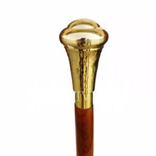 Brass Handle Antique Men's Cane Brown Wooden Walking Stick Vintage Great Gift picture